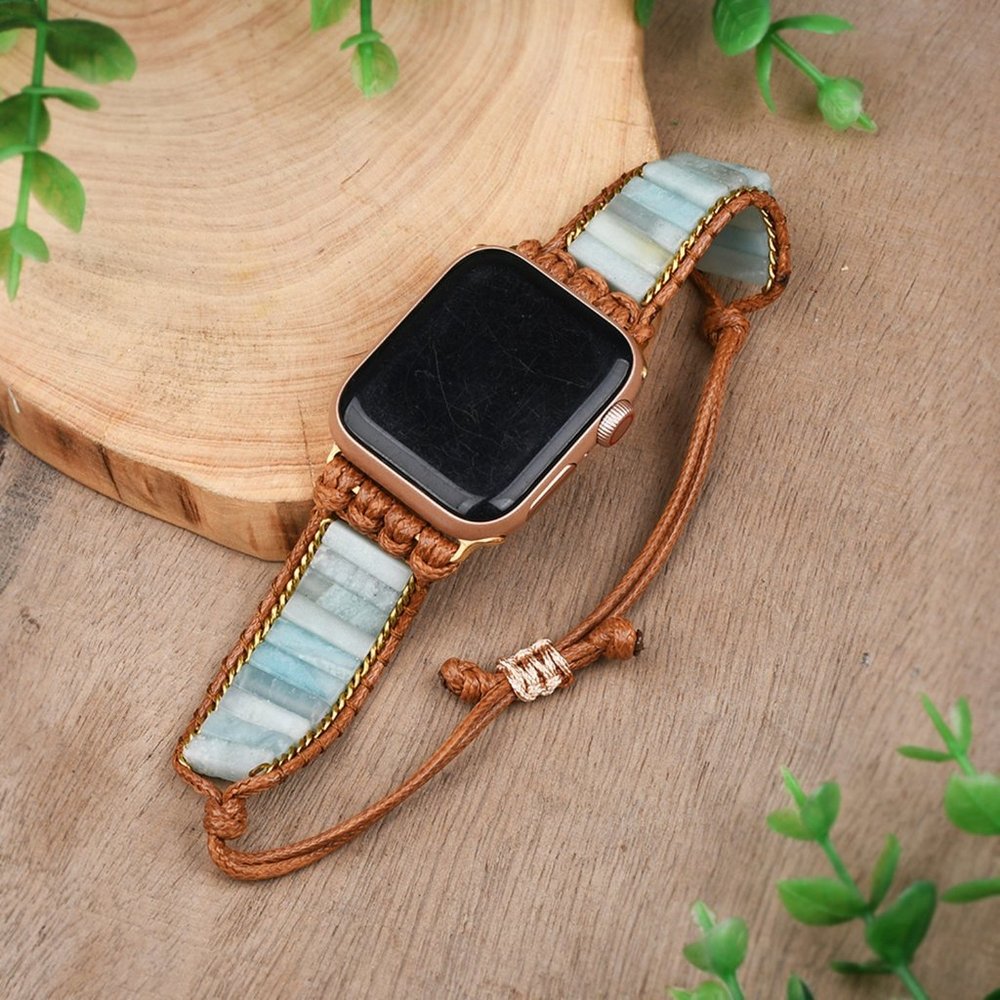 Natural Amazonite Stone Beaded Strap Braided Watch Band for 38 40mm Apple iWatch